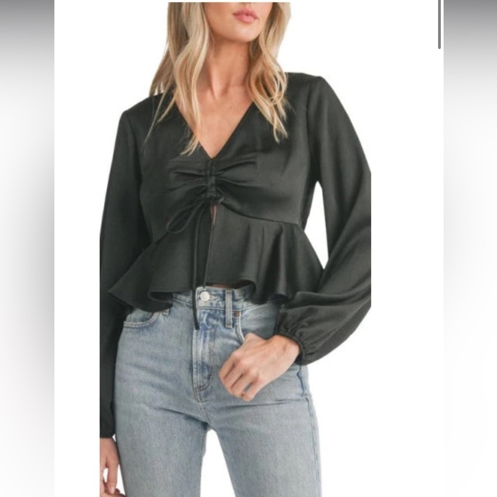 NWT All in Favor Tie Front Satin Peplum Top in Black - S